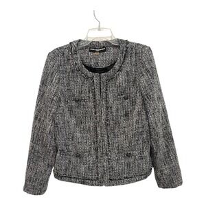 Karl Lagerfield Blazer Women 12 Black White Tweed Boucle Fringed‎ Trim Jacket